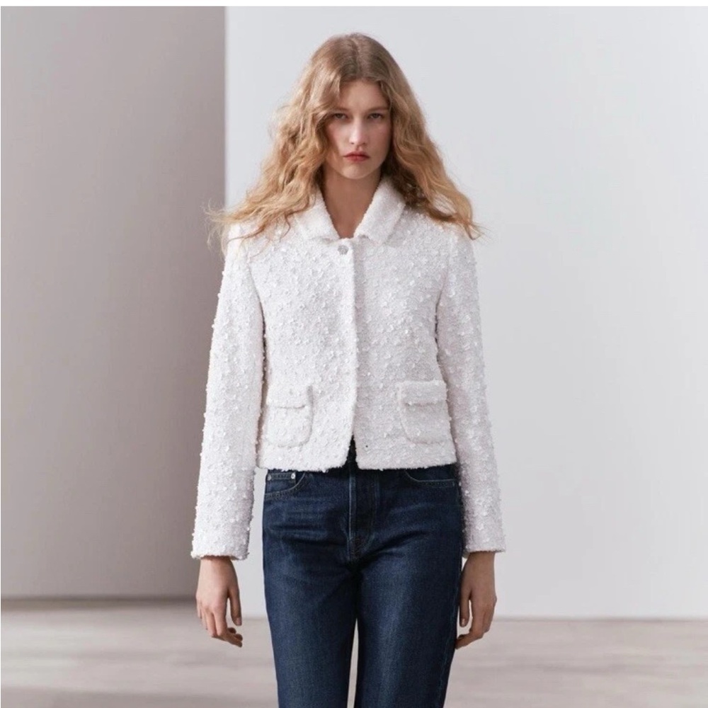 NWT Zara Collection Sequin Cropped Blazer Jacket White Size S